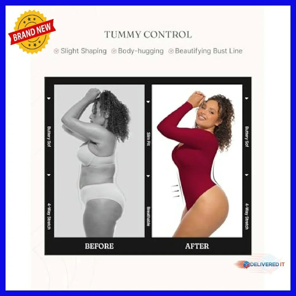Long Sleeve Tummy Control Bodysuit Seamless Thong Shapewear